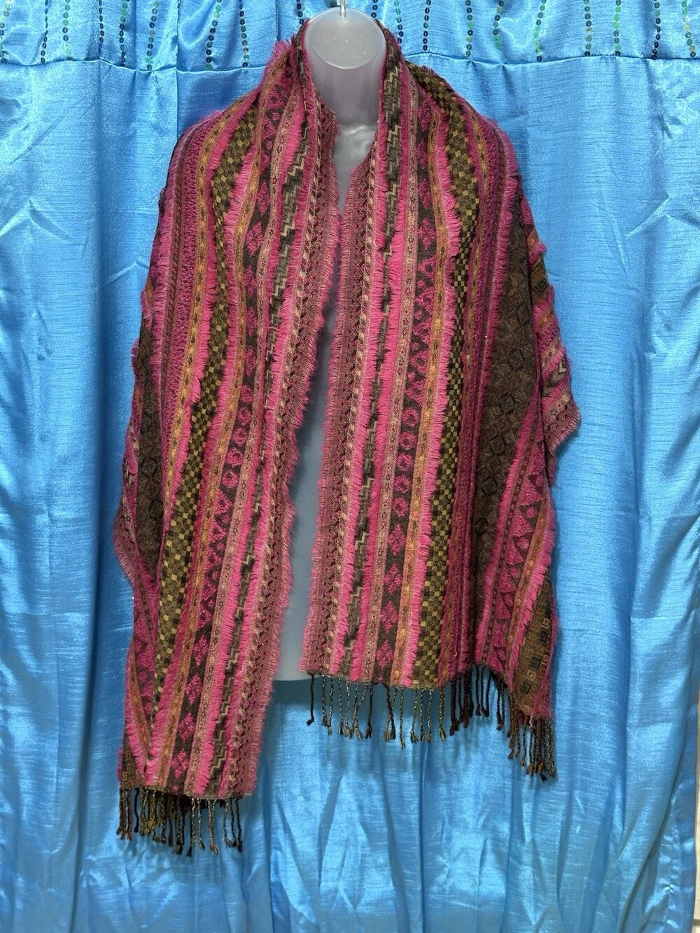 Pink/Black Geometric Print 100% Wool Scarf Frayed Trim